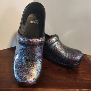 Dansko Metallic Ink Speckled  Sz 7.5 / 38 Clog Slip On Shoes Black Purple Blue